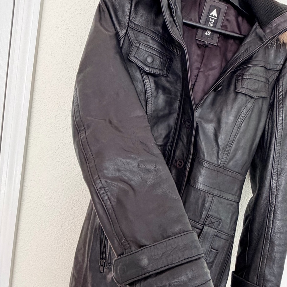 Top Gun Women’s Black Leather Long Coat Jacket Fur Hood S Genuine Leather - Picture 4 of 14